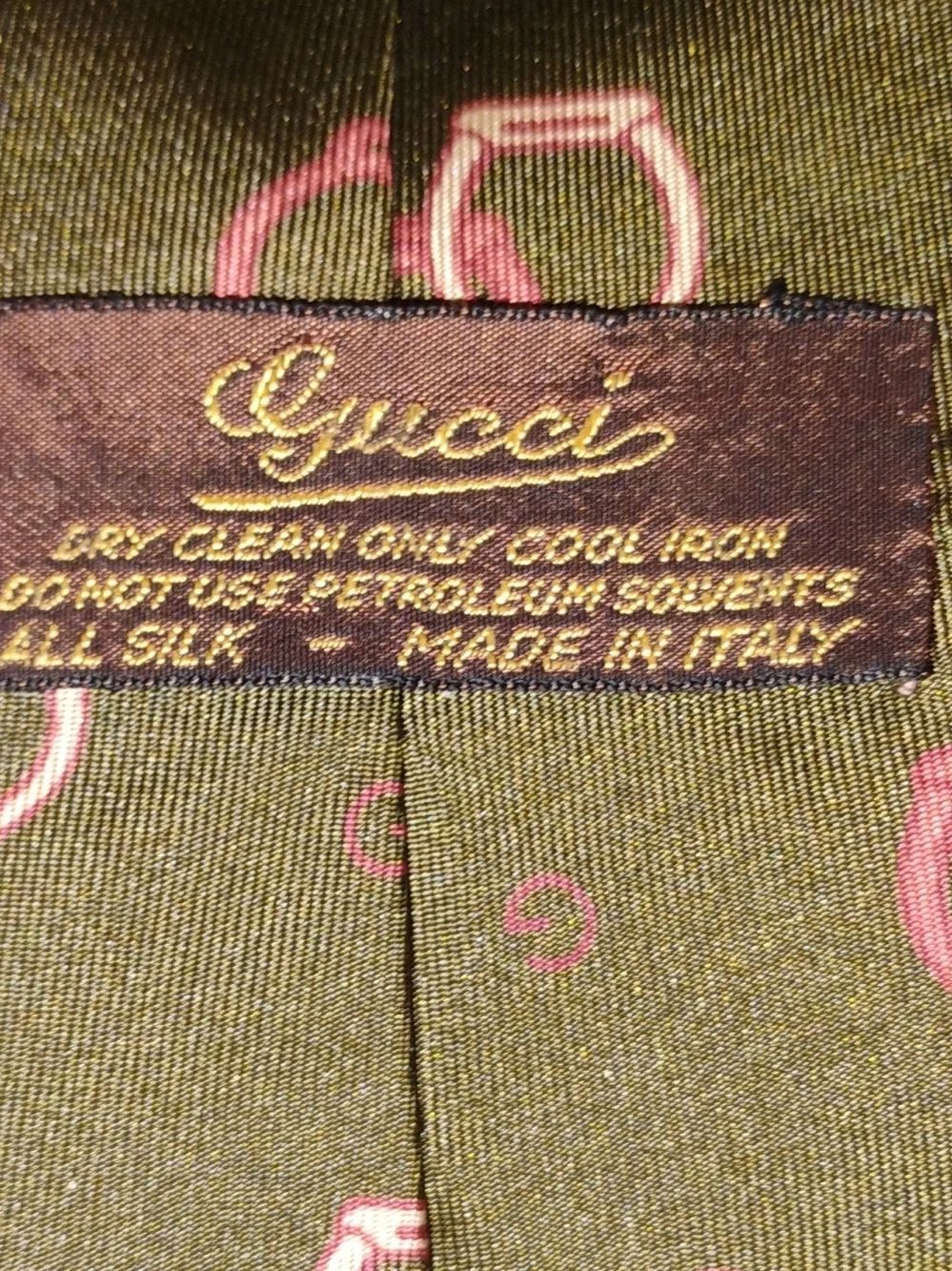 Gucci Olive Green Silk Tie with Pink Accents